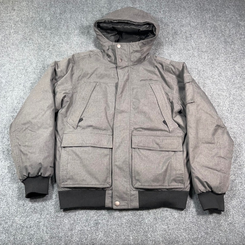 Eddie Bauer‎ WeatherEdge 650 Down Puffer Bomber Jacket Mens M Hooded Parka Gray